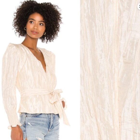 NWT NBD Chiara Top Womens Small Champagne Long Puffed Sleeve Tafetta Wrap Tie - Picture 2 of 16